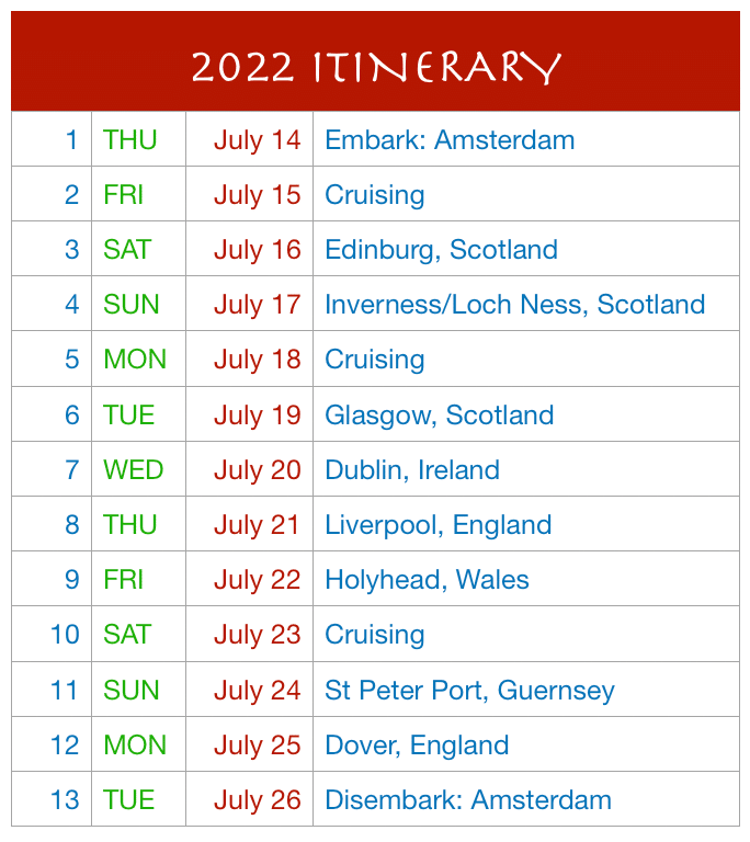 Image of the cruise itinerary for the 2022 stitching cruise Escape to the British Isles